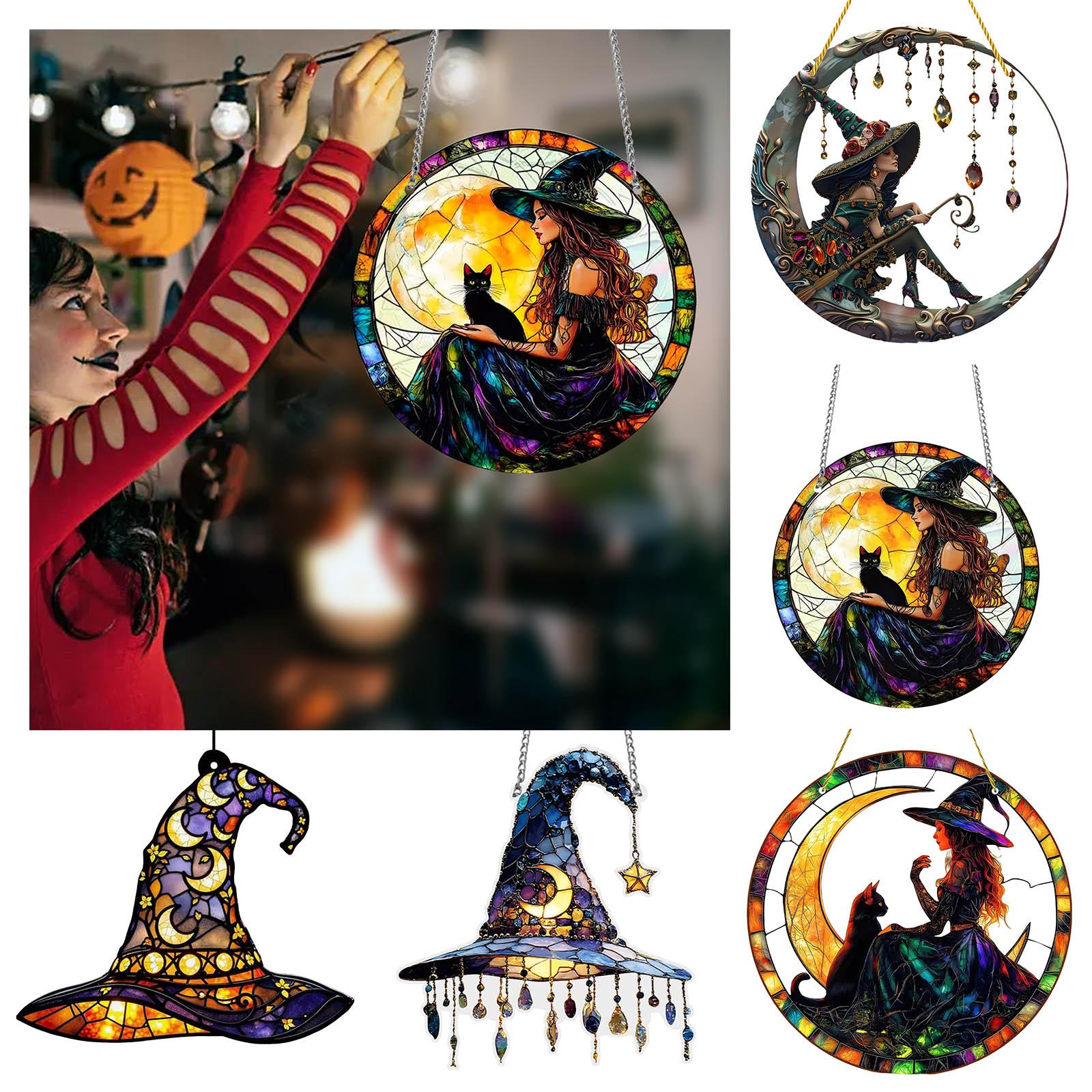 Witch Acrylic Stained Glass Window Hanging Decor Stained Panel Hangings Wall Halloween Decor For Friends Crystal String Lights One Size