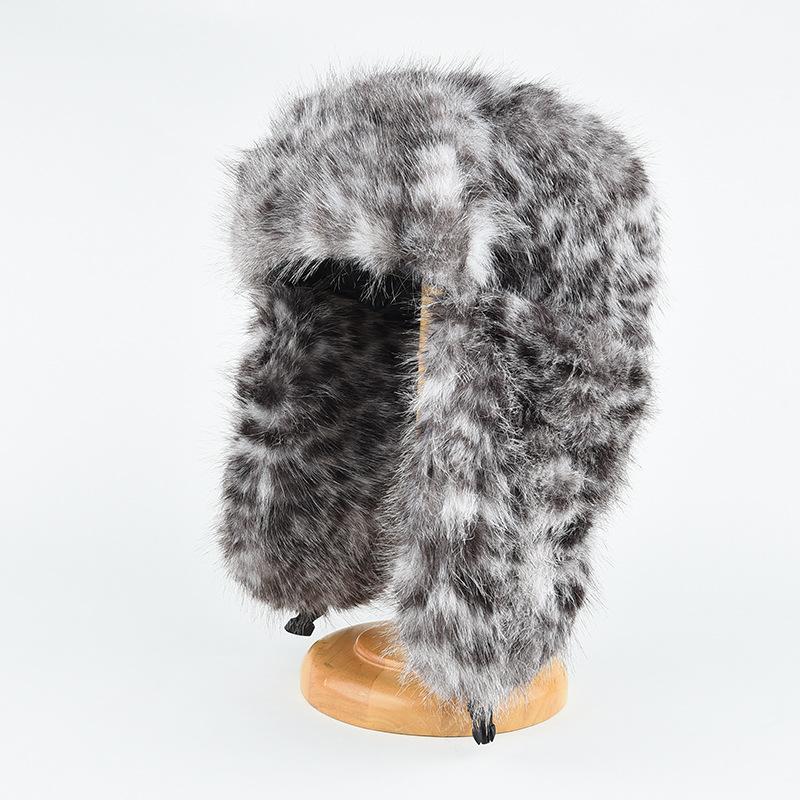 Imitation Rabbit Hair Lei Feng Cap Female Winter Thickened Warm Leopard Plush Ear Protection Imitation Fur Cold Hat Men