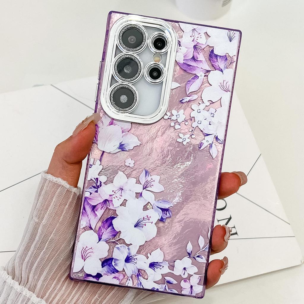 Samsung S25 Ultra Floral & Grass Lens Film Case - Full Coverage for S24 & A56, with Bracelet-style Protective Case
