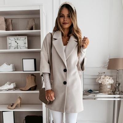 Yousheng Women Winter Overcoat Turn-down Collar Pockets Solid Color Double-breasted Thickened Loose Fit Coat Thermal Three-quarter Sleeved Commuting