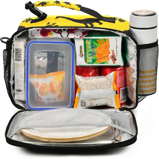 Dinosaur Animal Print Yellow Lunch Box Boys, Lunch Bag for Kids School Insulated Tote Bag Cooler Tote with Adjustable Shoulder Strap for Girls
