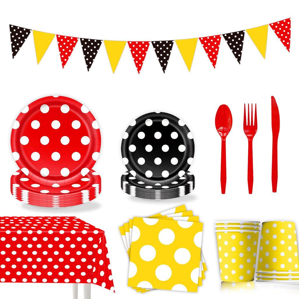 Mickey Polka Dot Party Supplies: Disposable Tablecloth, Plates, Napkins, Cups