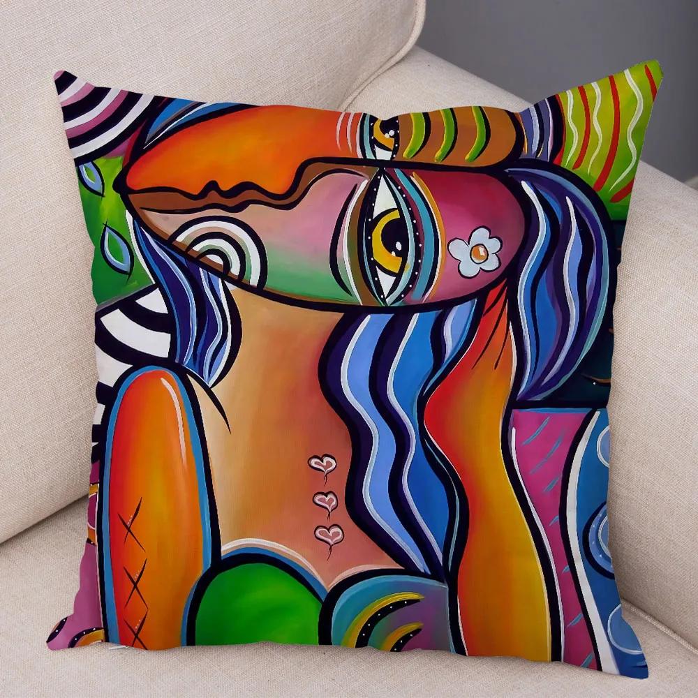 Abstract Painting Cushion Cover Decoration Nordic Style Colorful Cartoon Girl Pillowcase Sofa Home