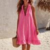 European and American style neck V-neck dress, front zipper ruffle edge loose and thin skirt