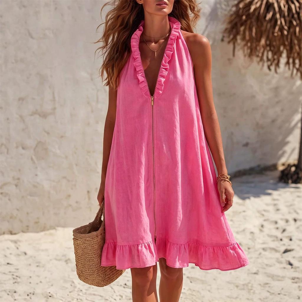 European and American style neck V-neck dress, front zipper ruffle edge loose and thin skirt