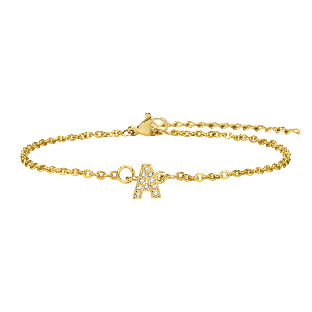 Charms Pave Initial Letter Bracelet, Paperclip Satellite Chain Stainless Steel Gold Plated, Handmade Jewelry for Women