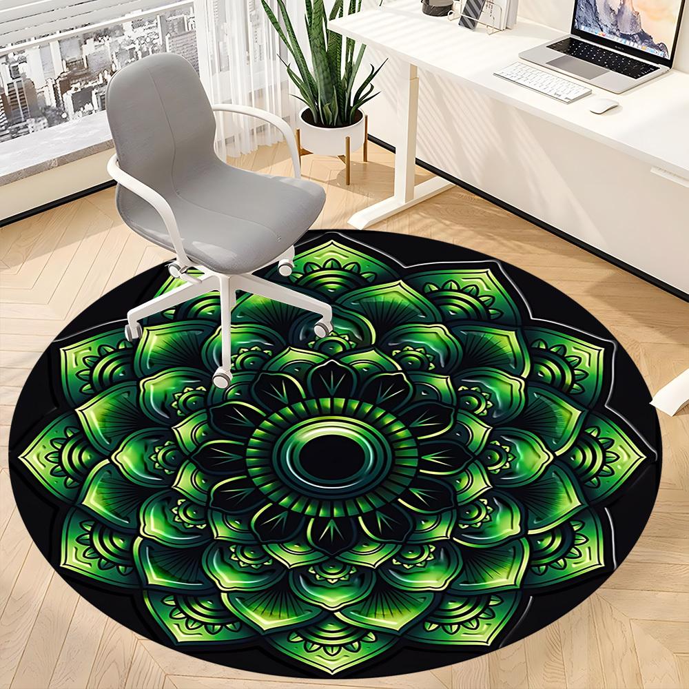 1pc Mandala Green Pattern Carpet for Office Non Slip, Round Carpet, Soft & Comfortable, Carpet for Office, Lightweight Round Floor Mat