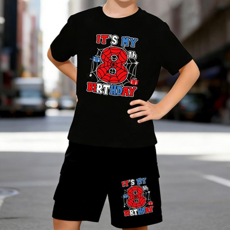

Boys 2 Piece 8th Birthday Party Printed Outfit, Short Sleeve T-Shirt and Shorts Set for Kids Age 5-14,White,Black Sporty Casual Summer Clothes 5-6 Years чёрный