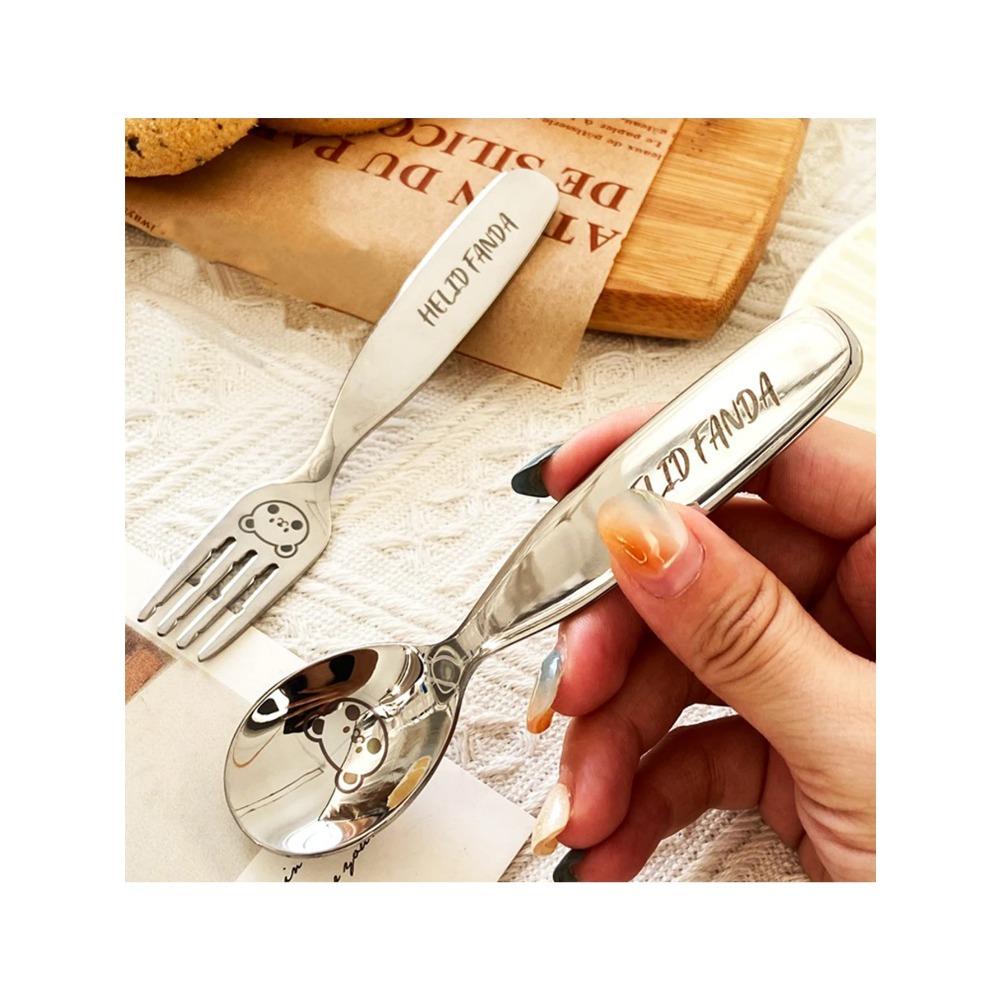 WORTHBUY 304 Stainless Steel Cutlery Children's Spoon Fork Cute Little Bear Pattern Soup Scoop Fruit Fork Reusable Tableware Set