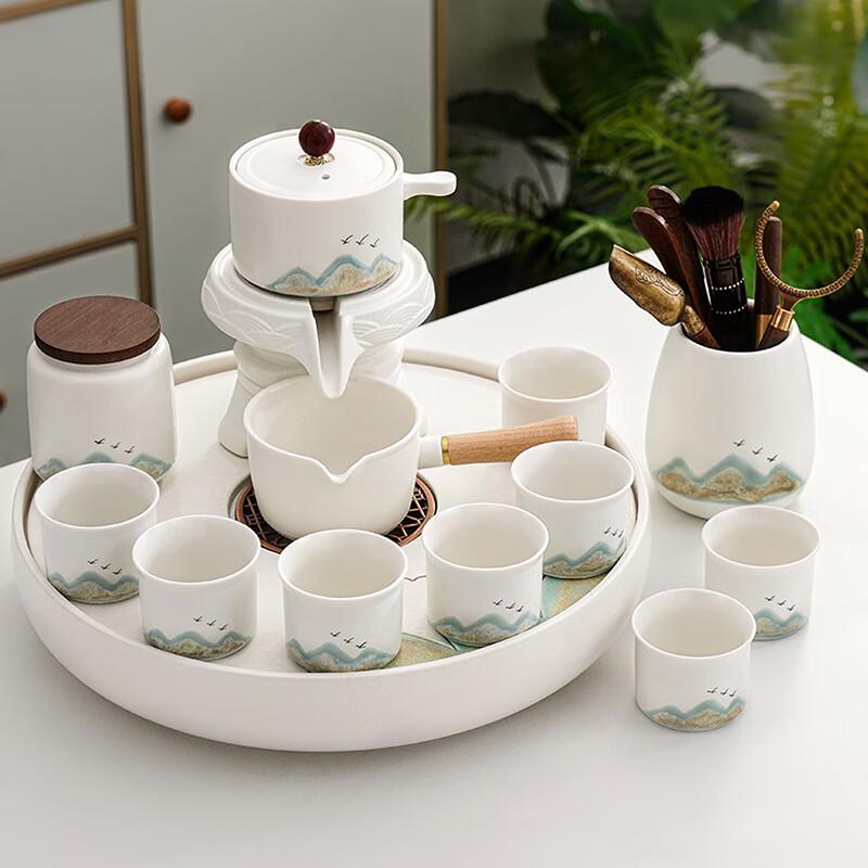 Lainuo Coarse Pottery Green Mountain Flying Bird 13-Piece Tea Set