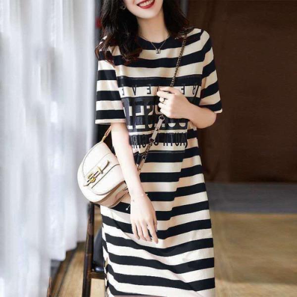 

Летнее полосатое облегающее платье-футболка 2025: Женское платье миди в корейском стиле 3XL чёрный