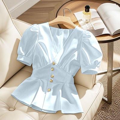 Chic Blue French Niche Short-Sleeve Blouse - Stylish Women's Outerwear for Summer 2026