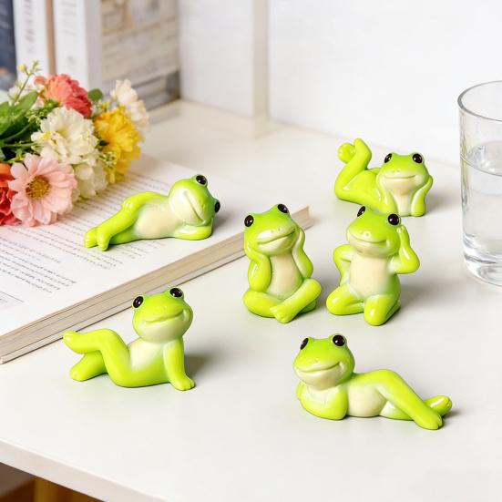 6Pcs Cartoon Frog Figurine Sitting Lying Frog Resin Statue Sculpture Home Office Desktop Car Dashboard Miniature Animal Decoration