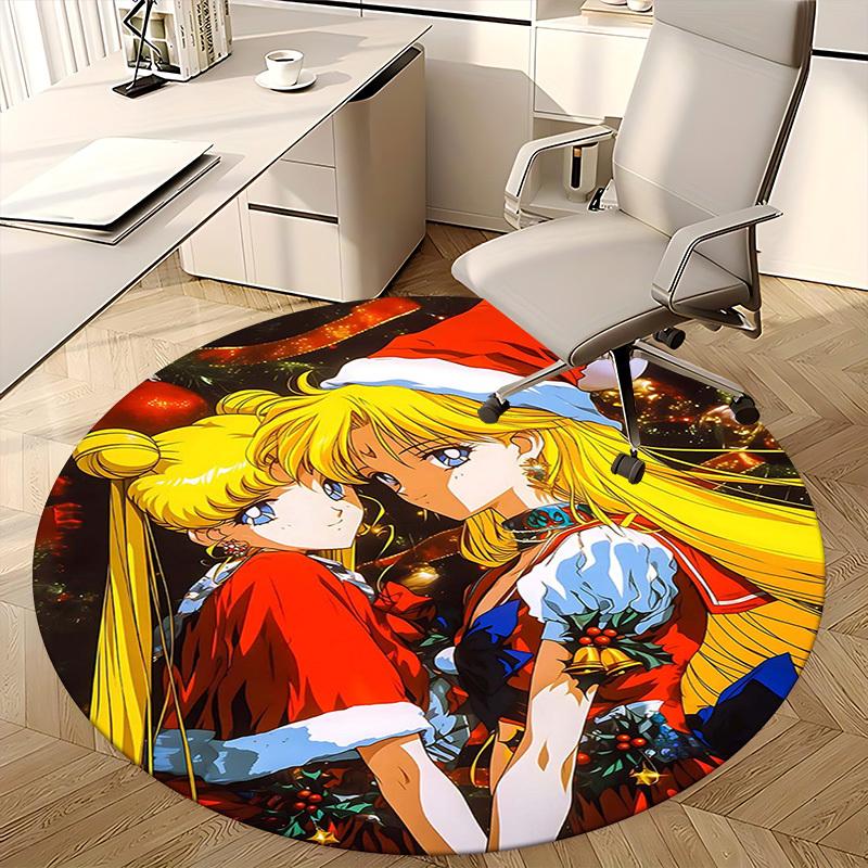 1pc Anime Christmas Sailor Moon Round Carpet  Office Chair Mat, NonSlip Rug for Home Decor, Living Room, Bedroom