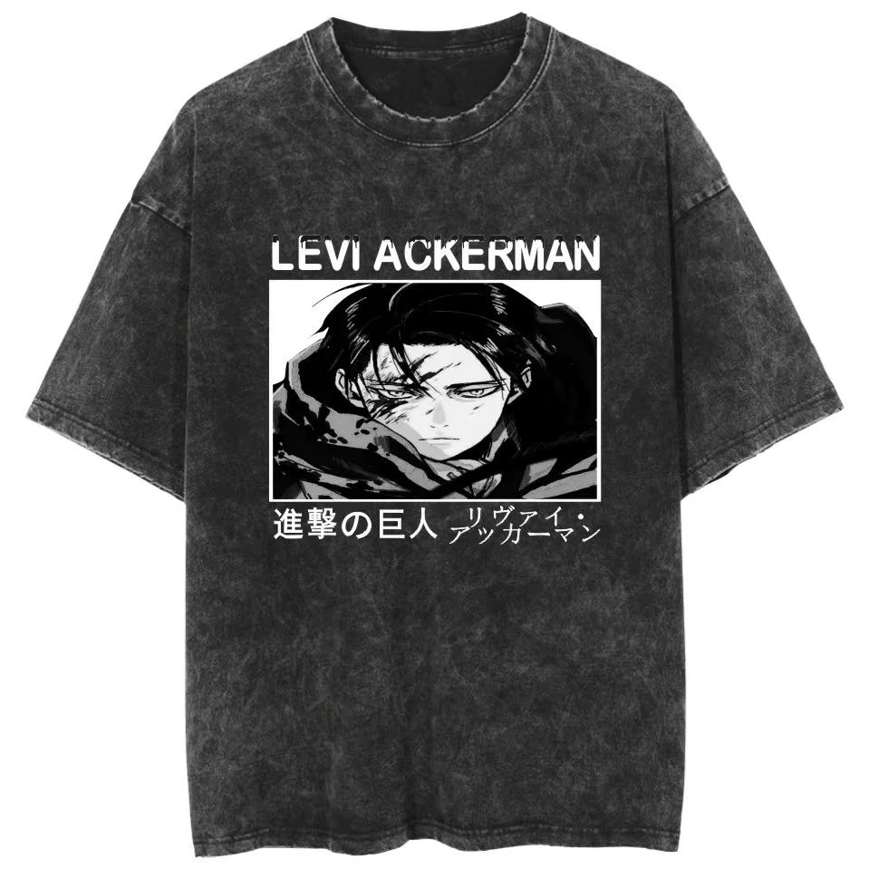 Camisetas Anime Lavadas Attack on Titan Gráfico Manga Curta Respirável Estampa Dupla Face Camisetas Streetwear Vintage