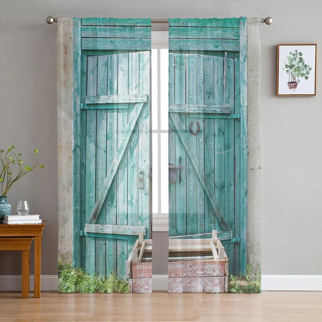 Farm Barn Wooden Door Tulle Curtains for Living Room Print Sheer Voile Curtain Bedroom Window Screening Drapes Blinds Home Decor