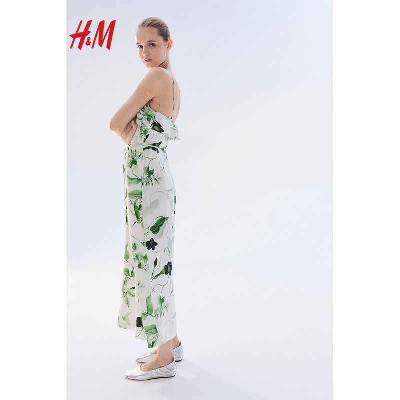 

HM Women clothes Jumpsuit Summer Frill Fine Sling Fresh Floral Lyocell One-Piece Trousers 1231095 White/Green flowers 160/84