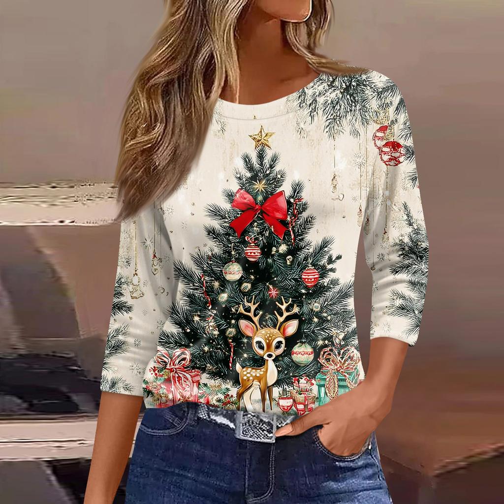 Dámská móda ležérní tričko s kulatým výstřihem, 3/4 rukávem, volným potištěným tričkem, dámský top