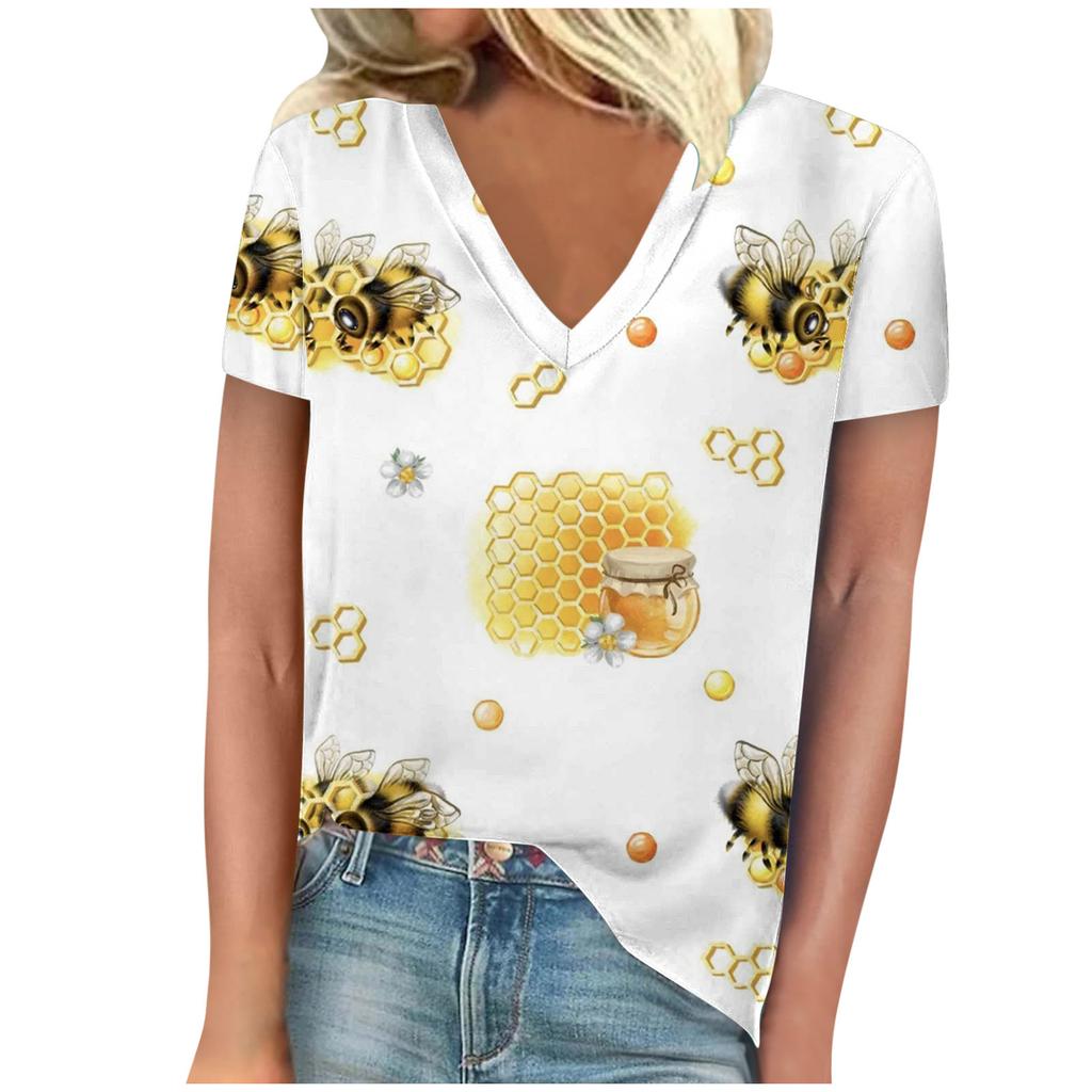 vintage women bee print t shirt short sleeve v neck tops comfortable t-shirts