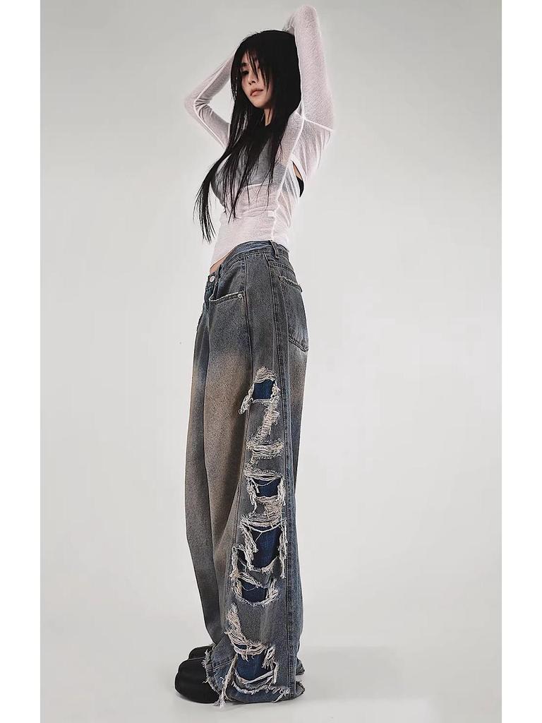 Trendy Korean Tassel Ripped Jeans: Washed, Punk Style, Straight-Leg, Draping Long Pants for Teenagers