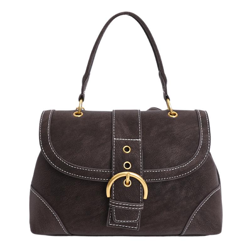 Vintage Suede Handbag Women With Gold Buckle Ctrast Stitching Shoulder Bag Elegant Designer-style Versatile Date Crossbody Bag