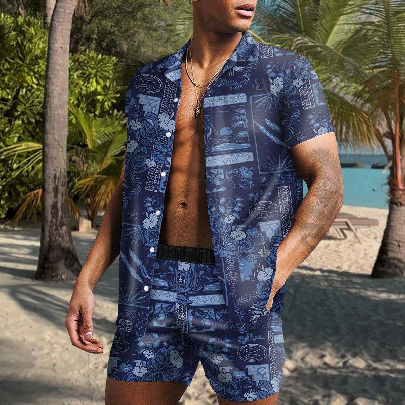 Sommer Herren Lässig Digital Bedruckt Lockeres Hemd Strand Set Hemd & Shorts Kombis Herren