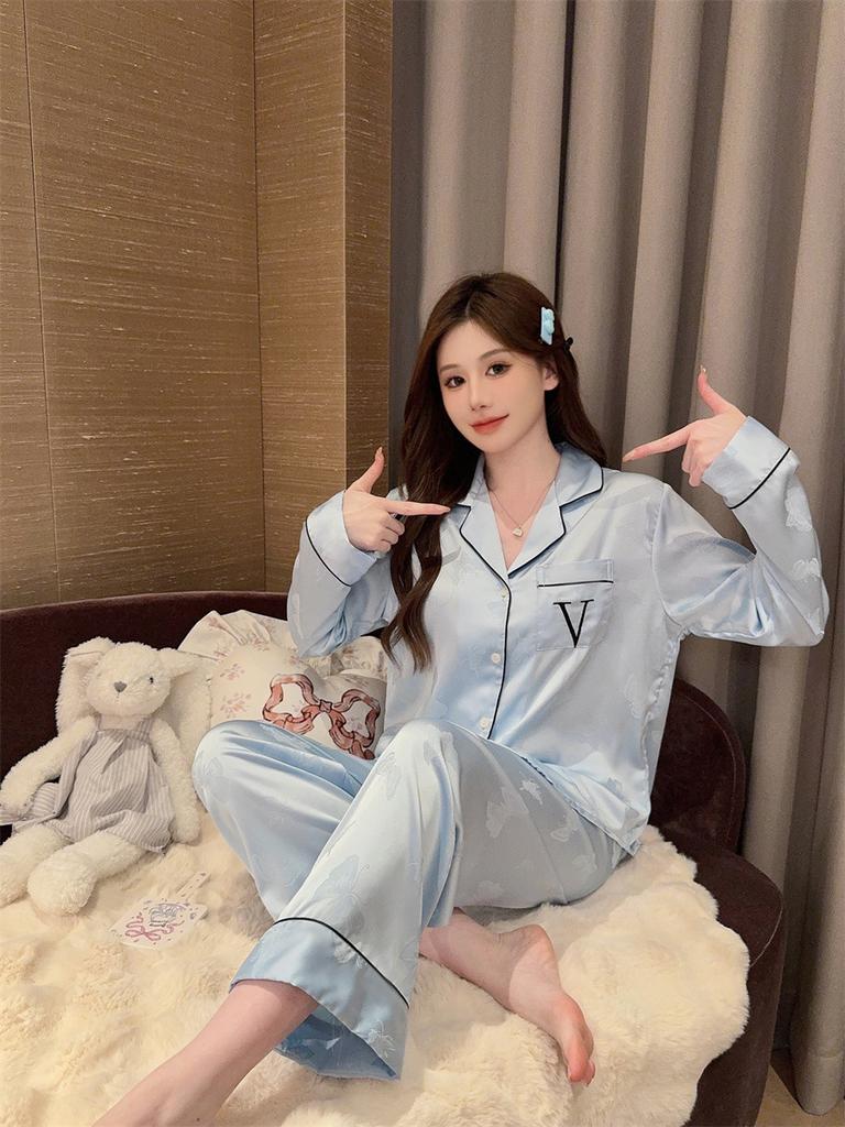 Butterfly jacquard big V embroidered pajamas women's spring summer ice and snow silk high-end long-sleeved trousers loungewear set