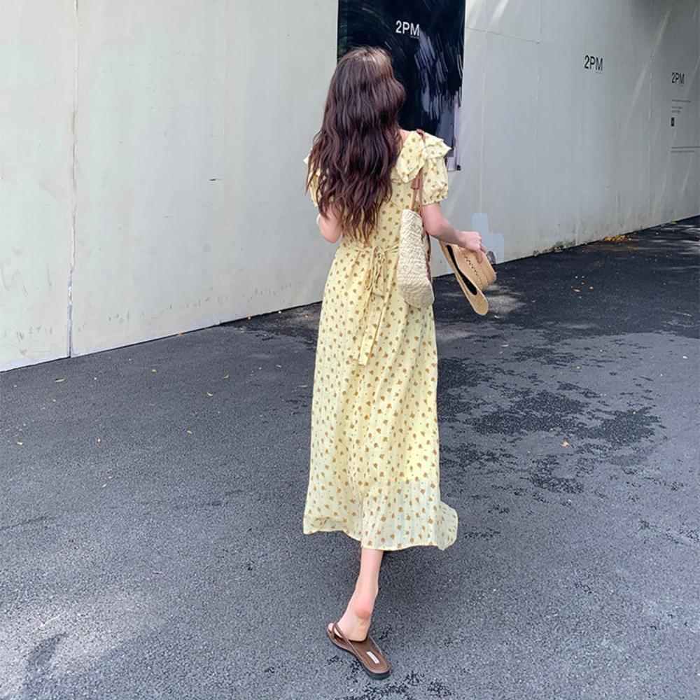 Retro V-neck Slimming Floral Print Midi Dress for Women Short Sleeve Ruffles Splice Temperament Vacation Long Dress