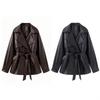 Womens Faux Leather Blazer Coat With Waist Tie V-Neck Mid-Length Loose Fit Vintage Chic Style