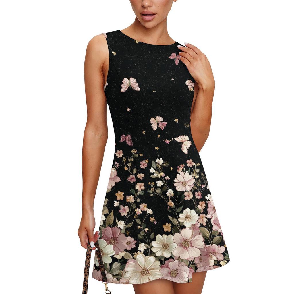 Women's Summer Dress Casual Sleeveless Round Neck Floral Print Vest Sundress