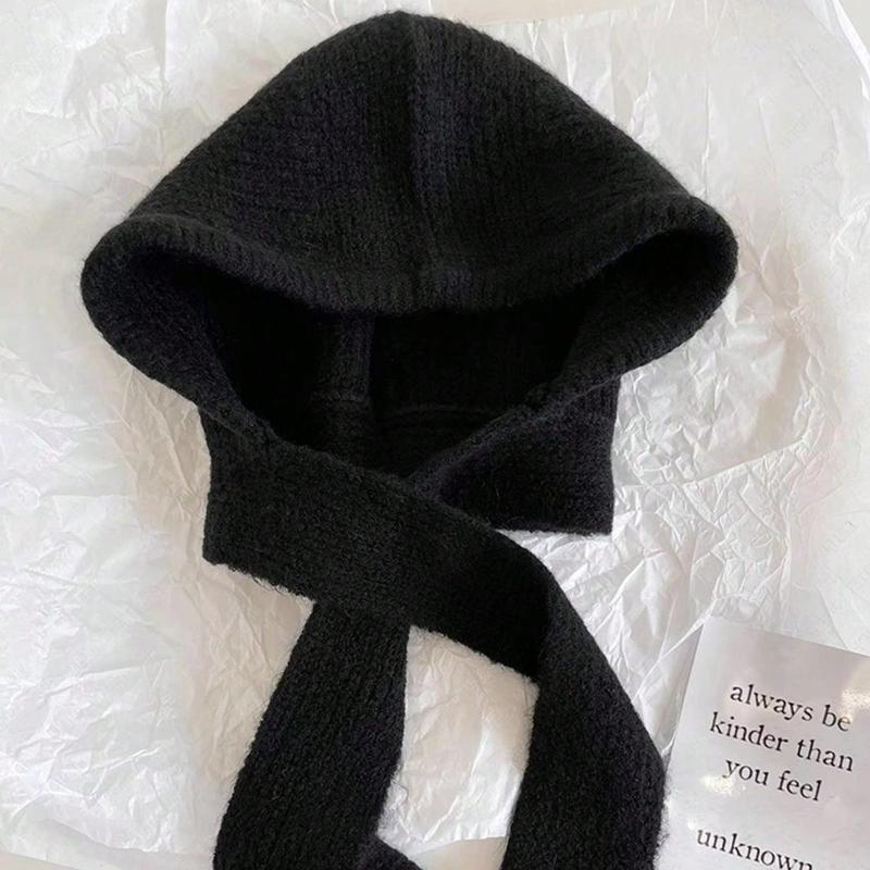 

1pc Women Drawstring Faux Collar Balaclava Hat,Outdoor Ski Warm Knitted Face Neck Protective Hooded Cape,Suitable for Dailywear чорний