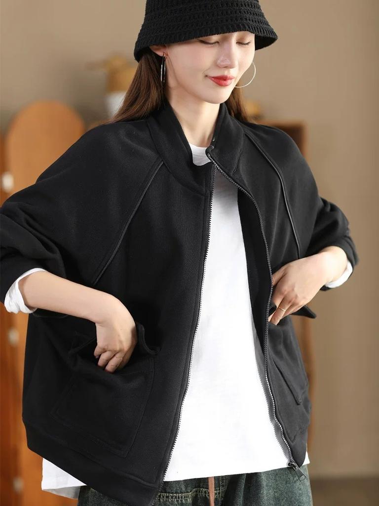 Johnature Fashion Zipper Long Sleeves Casual Loose Personality Coat Woman Autumn Niche Turn Down Collar Vintage Coat