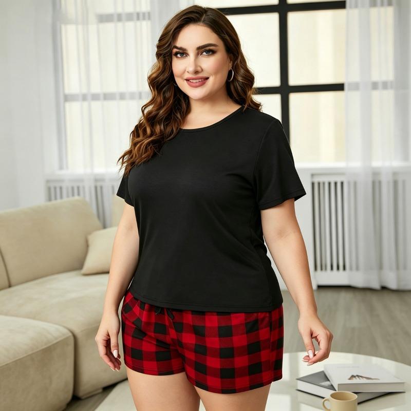 Plus Size Women Loose Short Sleeve Shorts Two Piece Pajama Set Summer Home Sleepwear