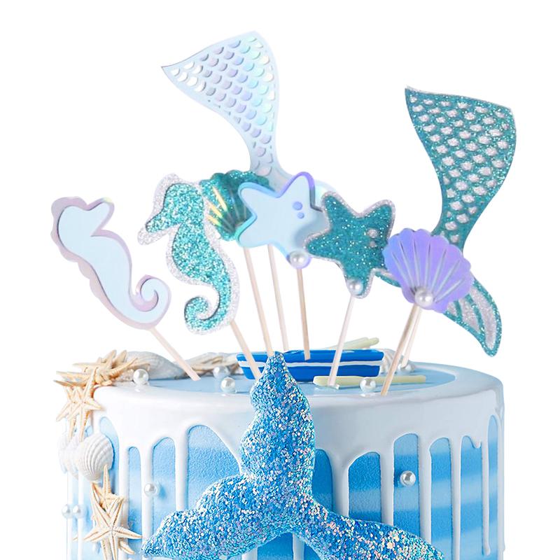 Glitter Mermaid Cake Topper Mermaid Tail Shell Happy Birthday Cupcake Topper For Birthday Dessert Cake Decoration Under the Sea