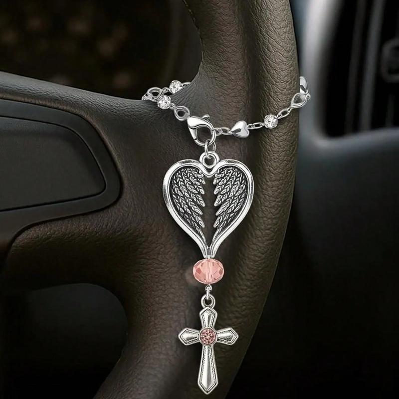 Guardian Heart Wing Cross Charm - Car/Steering Wheel/Handbag Pendant Silver Tone with Pink Crystal Elegant Decor for Auto Interior & Bag Accessory