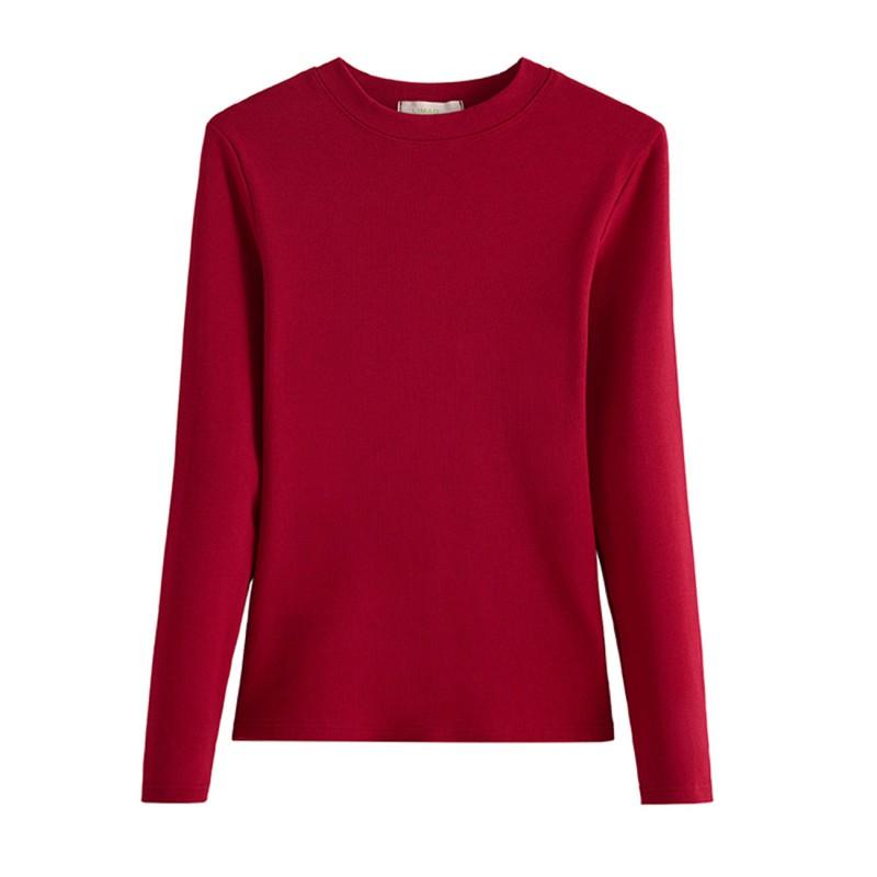 Soft Brushed Cotton T-Shirt Women Fall Winter Long Sleeve Slim Fit Stand Collar Base Layer Top