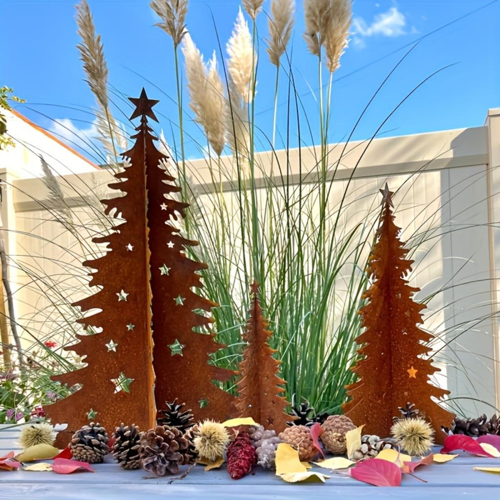 3pcs Rustic Vintage Christmas Tree Garden Stakes, Perfect For Yard, Pots, And Indoor Decor – No Electricity Needed, Festive Holiday Decoration Gift