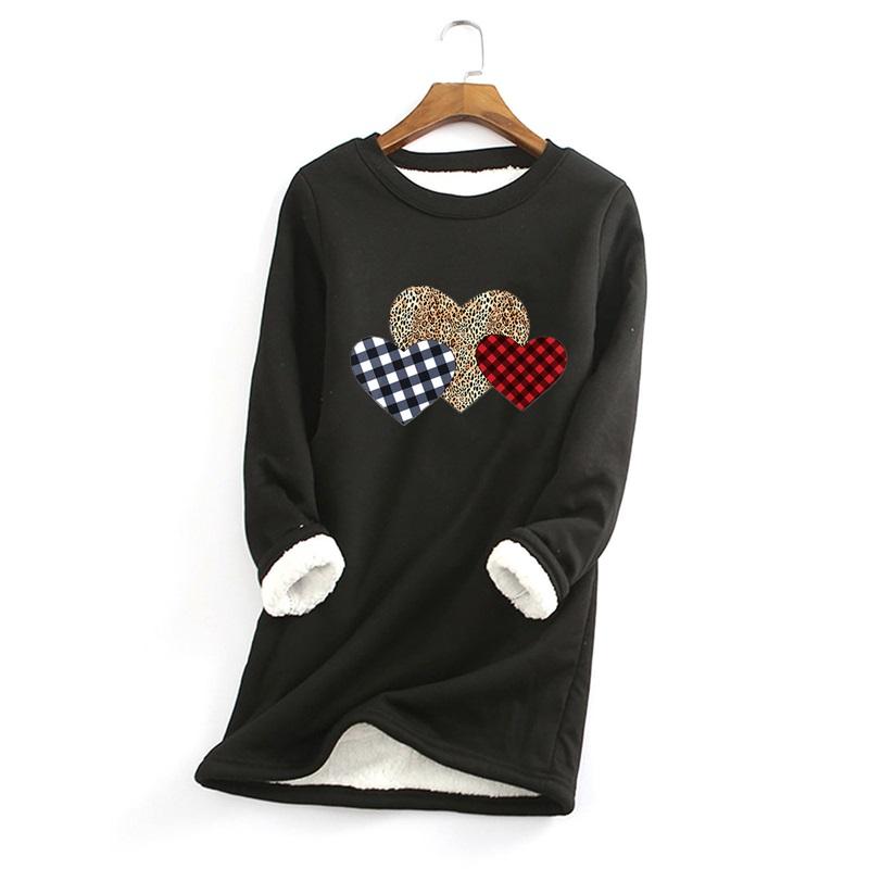Women Crew Neck Long Sleeve Sweatshirt Plaid Leopard Heart Print Casual Loose Warm Pullover Tops