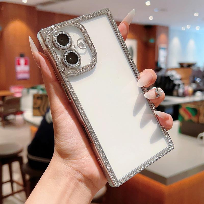Glitter Diamond Frame Clear TPU Phone Case For iPhone 16 Pro 15 Pro Max 14 13 Transparent Shockproof Soft Bumper Cover