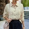 Tassel Long Sleeve Blouse Turn Down Collar Drop Shoulder Button Up Tassel Trim Blouse Shirt Apricot