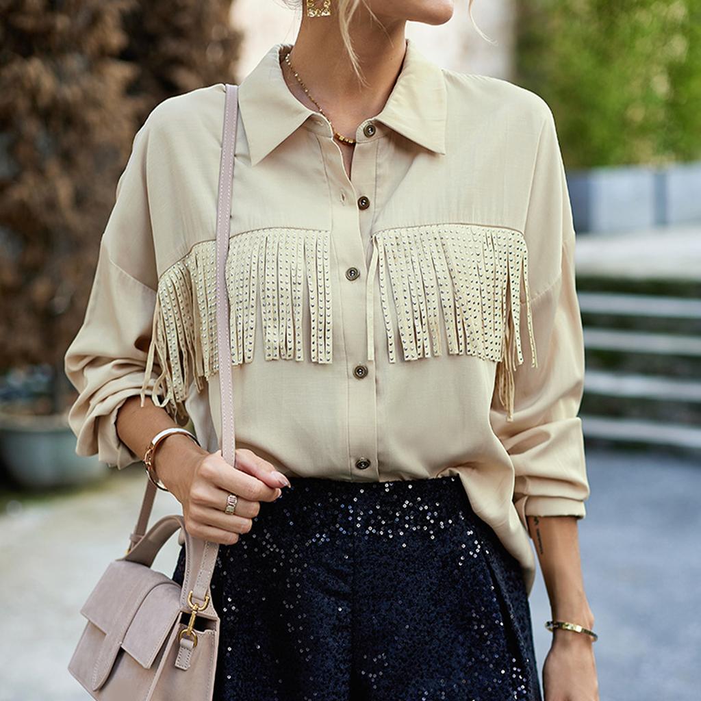 Tassel Long Sleeve Blouse Turn Down Collar Drop Shoulder Button Up Tassel Trim Blouse Shirt Apricot