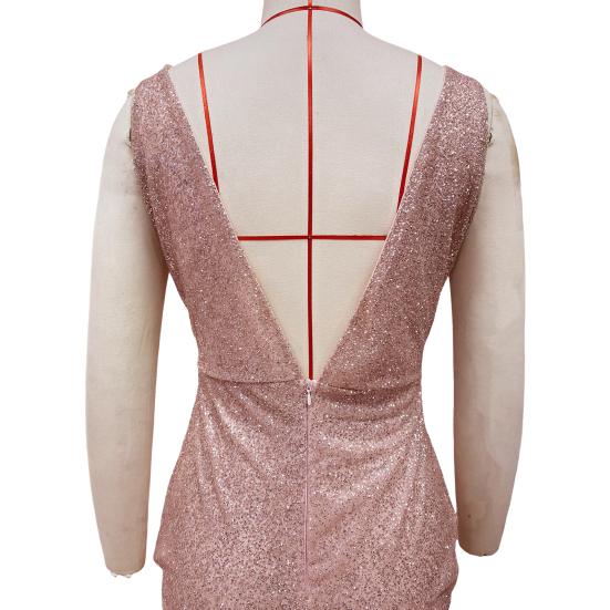 Women Evening Dress Deep V Neck Split Hem Sequin Skinny Fishtail Hem Back Zipper Closure Sleeveless Prom Cocktail Party Dress Floor Length Ball Gown