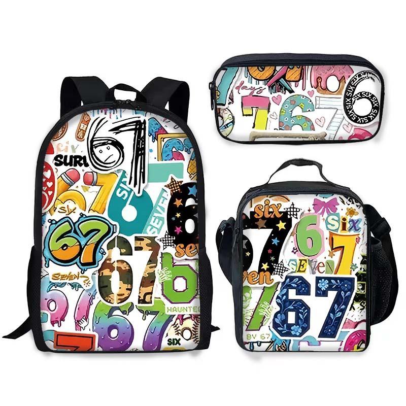 Fashion Trend New Stem 67 Six Seven Printed Schoolbag Meal Bag Pencil Bag Three-Piece Set, Cool Student Schoolbag