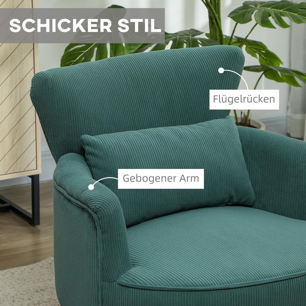 Modern Armchair, Upholstered Accent Chair with Lumbar Cushion, Rubberwood Legs, Dark Green