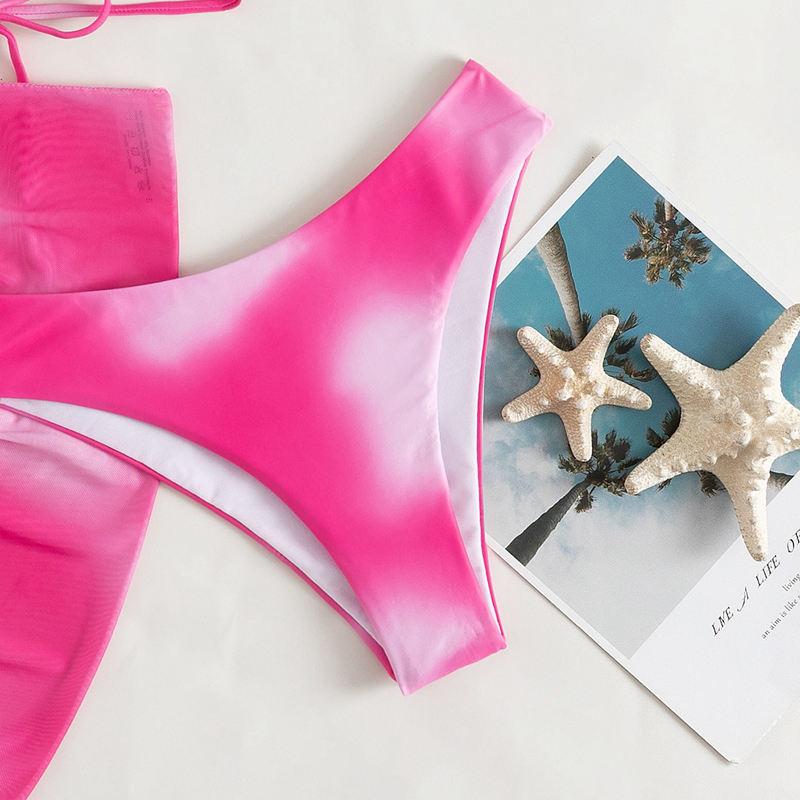 Swimsuit Women's Split Three Piece Set Tie Dye Lace Up Sexy Bikini Sets For Female Halter Drawstring Swimwear
