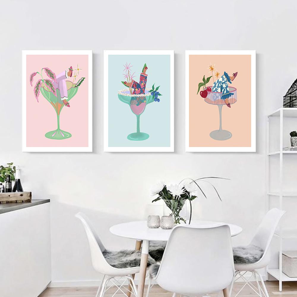 Farbenfroher botanischer Cocktail-Kunstdruck, Margarita-Cocktail-Mädchen, Poster, Zitronenbeine, Getränke, Leinwandgemälde, Küche, Club, Wanddekoration