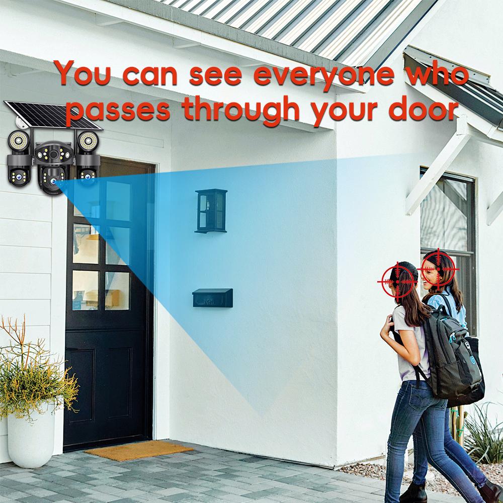 Outdoor Solar Dual-Light Surveillance Camera – 3-Lens 3-View Recorder, HD Night Vision with Lighting