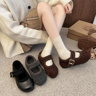 Vintage Graue Damen Pelzgefütterte Mary Jane Schuhe Schlichte Interne Erhöhung Schuhe Damen Komfort Warm Kurzplüsch Schneeschuhe