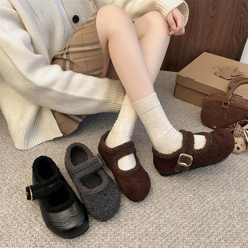 Vintage Grey Women Fur Lining Mary Jane Shoes Concise Internal Elevation Shoes Ladies Comfort Warm Short Plush Snow Shoes