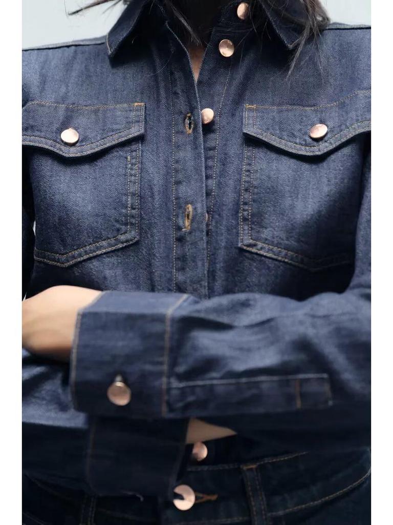 2024 Herbst/Winter Damen Vielseitiges Weiches Langarm-Revers-Denimhemd - Europäischer & Amerikanischer Stil